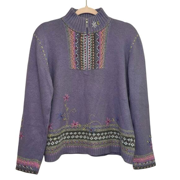 Koret Sweaters - Embroidered Sweater Medium Purple Boho Cottagecore Zip Neck